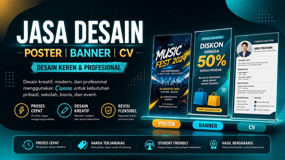 Jasa desain poster, banner & CV profesional, cepat, harga pelajar terjangkau.