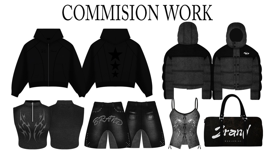 Desain custom outfit dan aksesoris streetwear, termasuk hoodie, jaket, celana,dll