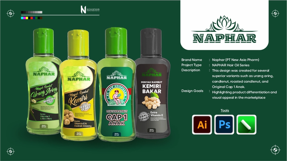 Kemasan herbal hijau alami, tampil segar, dipercaya konsumen yang peduli kesehatan.