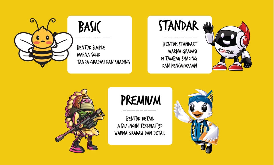 Jasa desain karakter kartun, desain maskot lucu, karakter hewan lucu, desain karakter game.