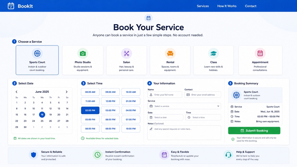Halaman booking tanpa login untuk pilih layanan, tanggal, jam, dan isi data pelanggan.