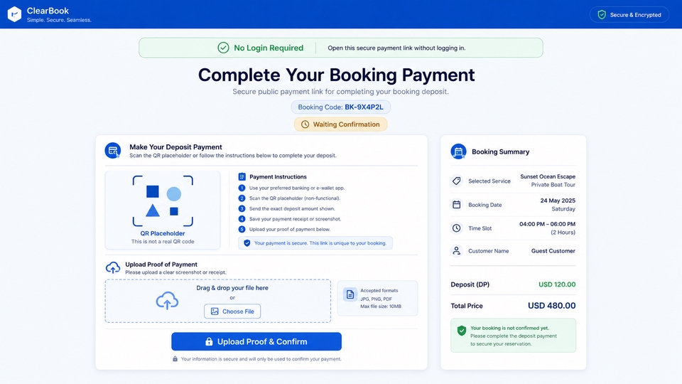 Halaman pembayaran booking tanpa login, berisi QRIS, upload bukti bayar, dan status verifikasi admin