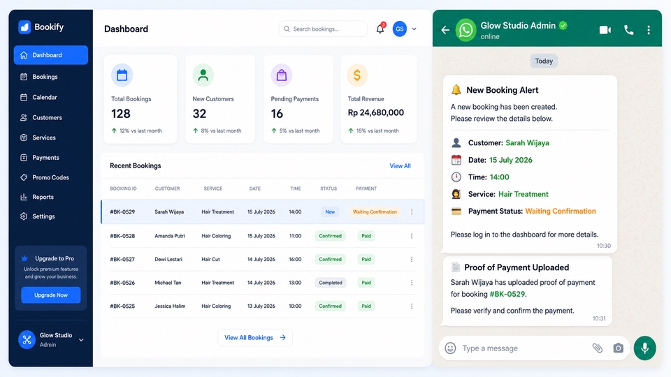 Notifikasi WhatsApp otomatis untuk booking baru, pembayaran, dan reminder jadwal.