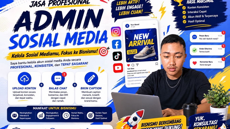 Jasa admin media sosial: upload konten, balas chat, buat caption menarik, dan interaksi akun.