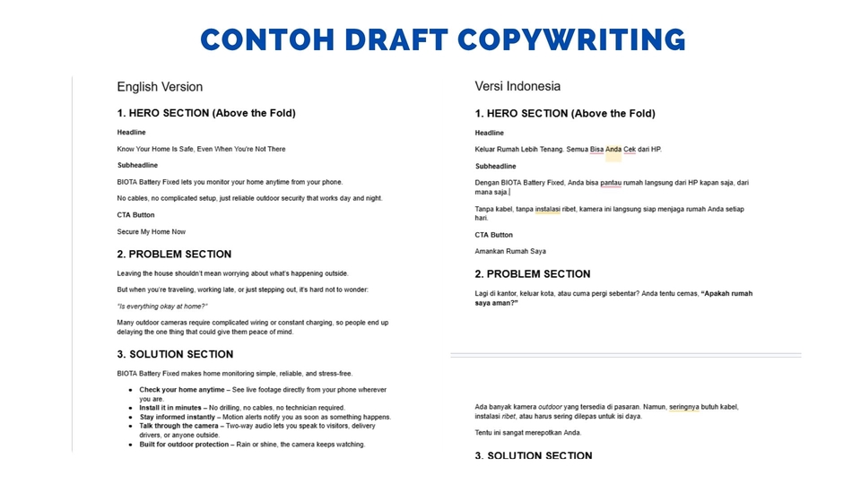 contoh draft copywriting untuk landing page