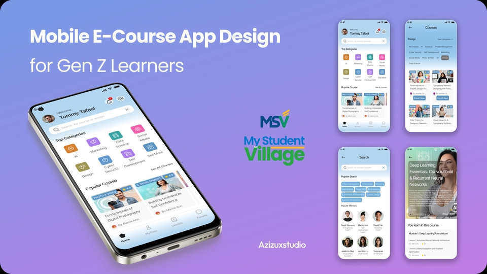 Desain aplikasi belajar Gen Z dengan tampilan bersih modular dan siap dikembangkan