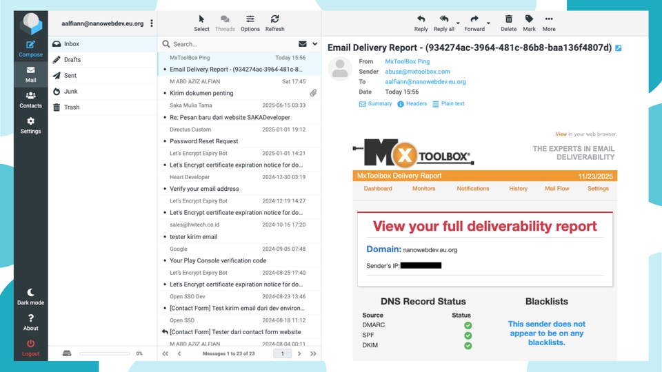 Tampilan roundcube web client menggunakan theme light
