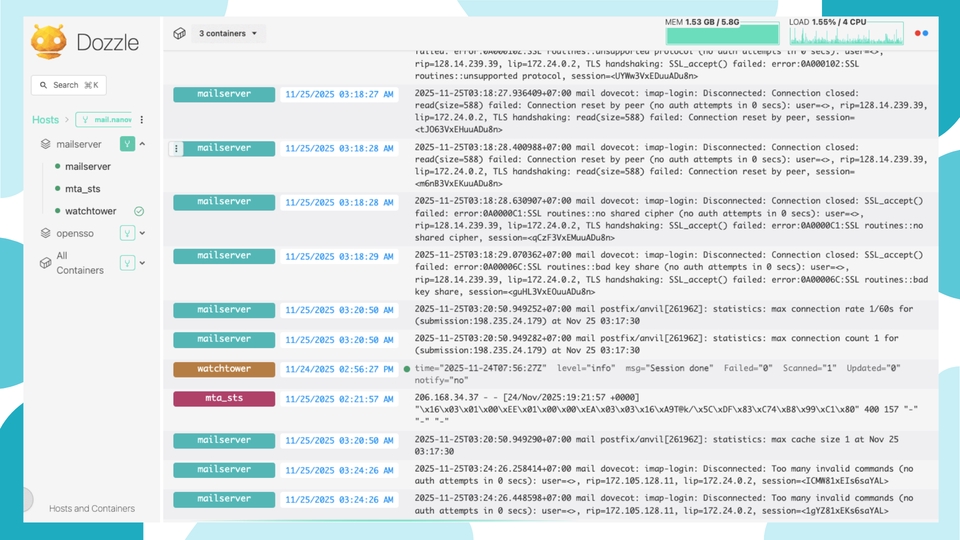 History log mailserver di dozzle