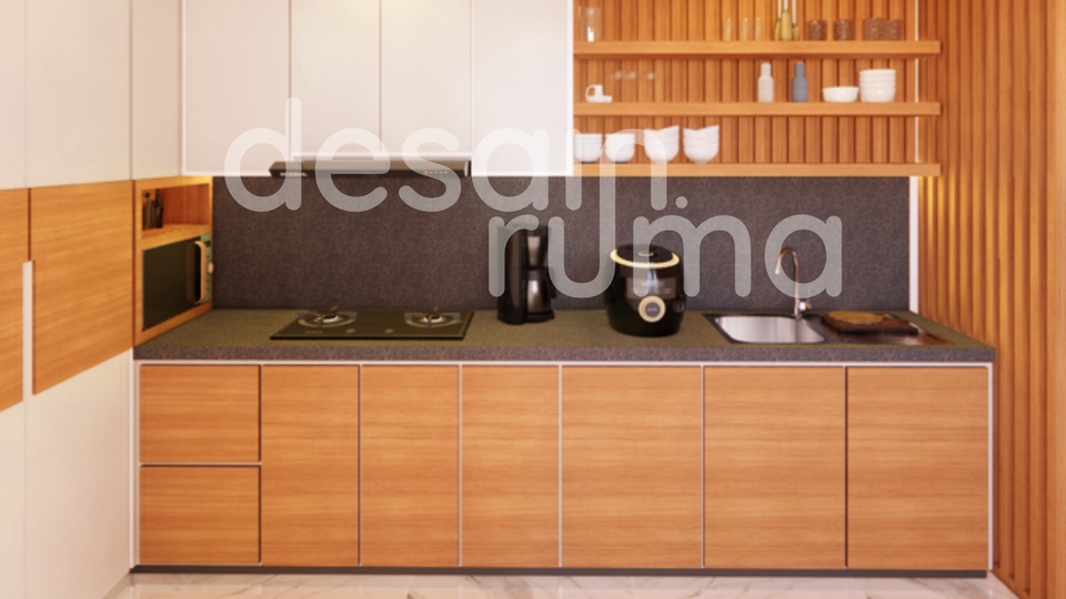 Kitchen set kayu minimalis dengan iluminasi tersembunyi, rak terbuka geometris, finishing halus 2D
