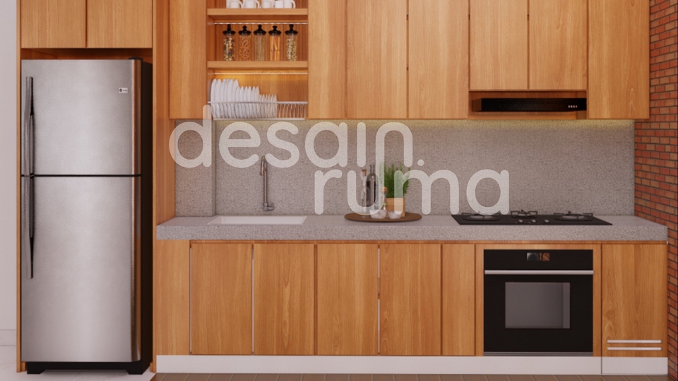 Kitchen set minimalis kayu & marmer, iluminasi tersembunyi, rak geometris, backsplash subway tile.