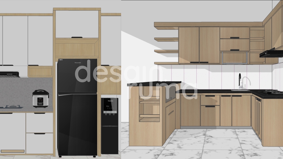 Kitchen set modern putih tanpa pegangan, backsplash heksagonal, island bulat, lampu gantung. stylish