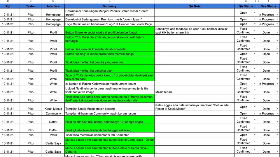 Contoh Bug Reporting menggunakan Google Sheets