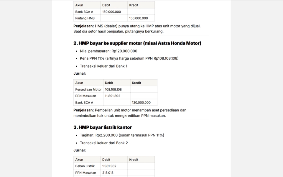 Pencatatan transaksi ke jurnal umum dengan format akuntansi standar.