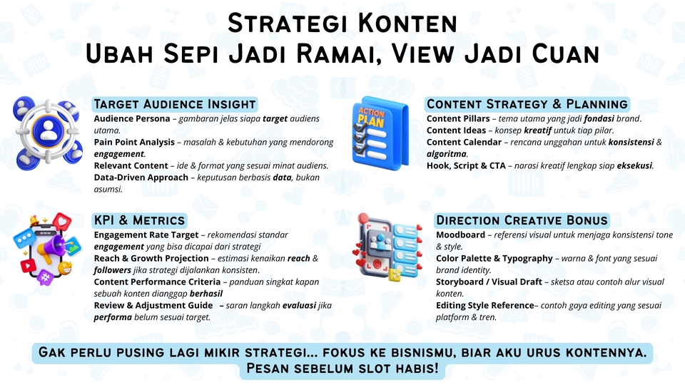Ubah sepi jadi ramai, view jadi cuan! Strategi konten siap eksekusi + bonus arahan visual lengkap.