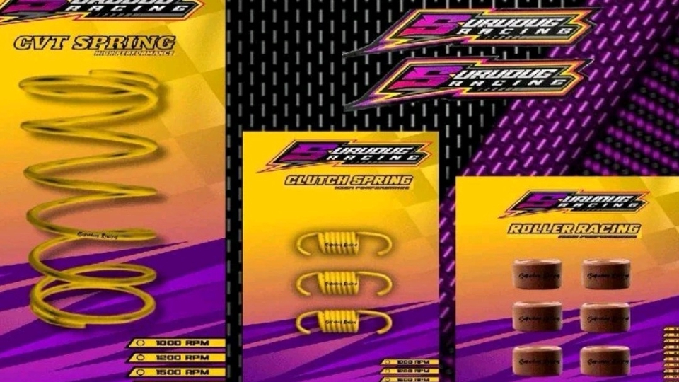 Paket Upgrade CVT Allmatic Honda/yamaha Surudug Racing, termasuk komponen CVT dengan bonus stiker.