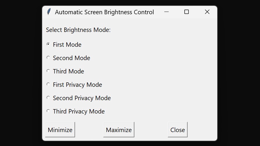 Tampilan aplikasi desktop Automatic Screen Brightness Control (Pengontrol Kecerahan Layar Otomatis).