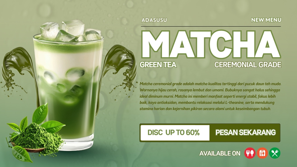 Konten untuk produk minuman ready to drink dengan rasa matcha / green tea.