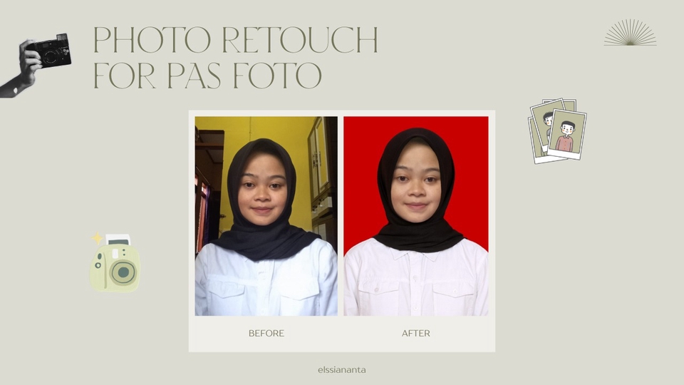 Before-After dengan latar kuning & merah
Close-up wajah, dirapikan
baju dirapikan