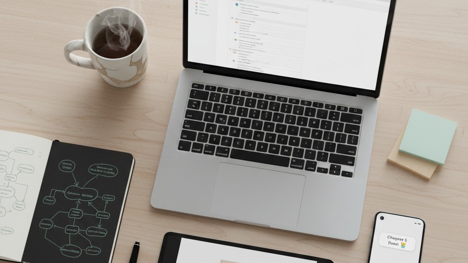 Sampul jasa penulis buku profesional: laptop modern, tumpukan buku, dan ide kreatif yang terstruktur