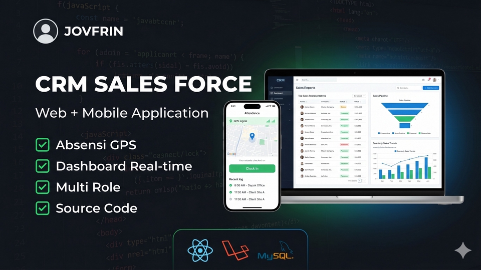 Aplikasi CRM sales force, absensi GPS, dashboard real-time, multi role, React Native + Laravel.