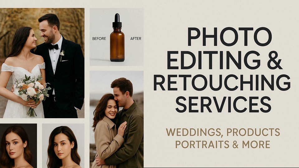 Desain promosi jasa editing & retouching foto untuk wedding, produk, event & lainnya.