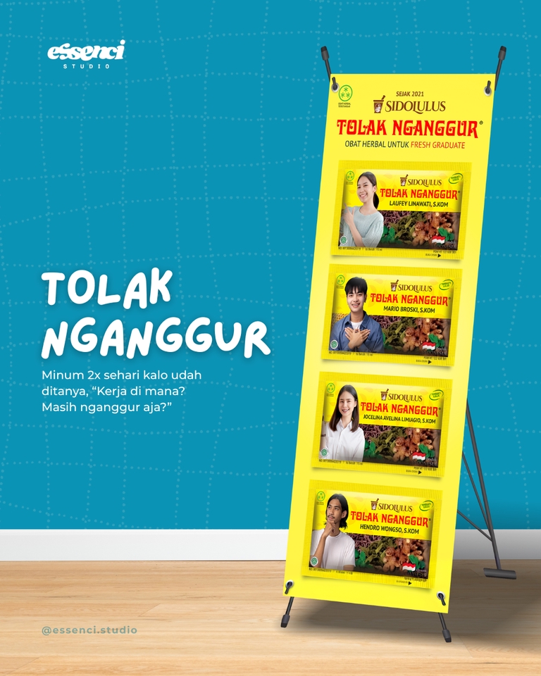 Jasa desain banner wisuda sidang lulusan tema tolak nganggur tolak angin