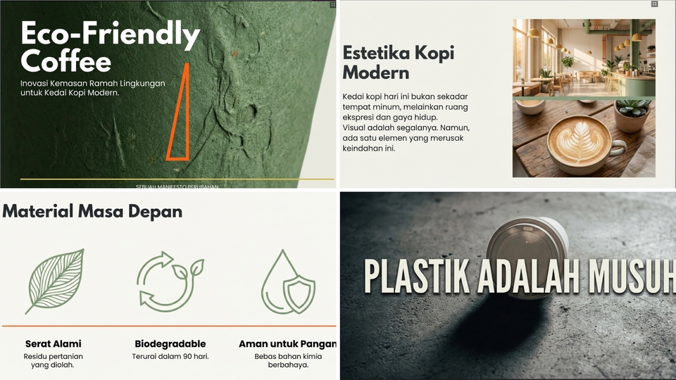 Presentasi kreatif bertema bisnis dengan palet warna modern dan elemen visual yang komunikatif