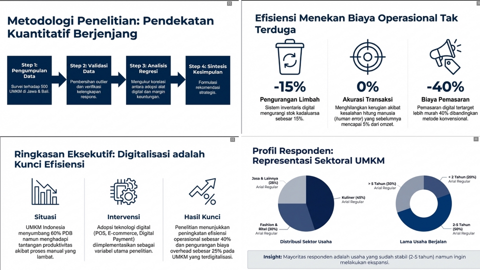 Desain presentasi akademik dengan layout sistematis, fokus pada kejelasan data dan struktur ilmiah