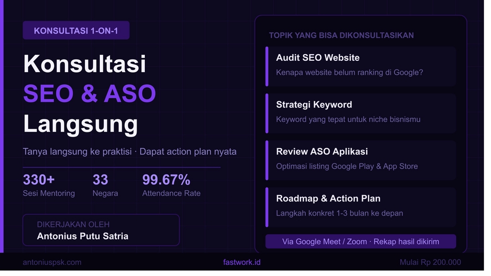Jasa konsultasi SEO dan ASO langsung dengan Antonius Putu Satria Kusuma Widodo di Indonesia Bekasi.