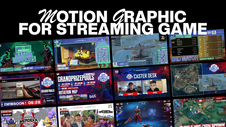 Contoh motion graphic untuk streaming game: overlay, stats, timer, dan visual event game esports