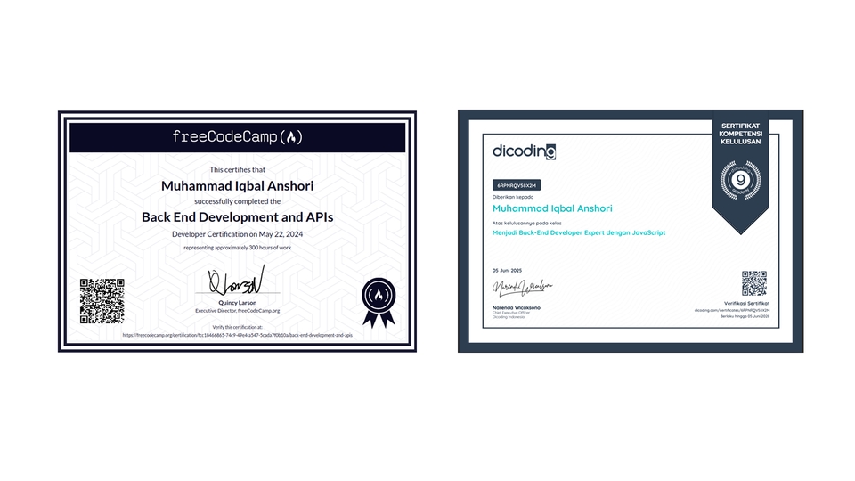 Sertifikat Pembuatan Website Back-end Development dan API dari FreeCodeCamp dan Dicoding.