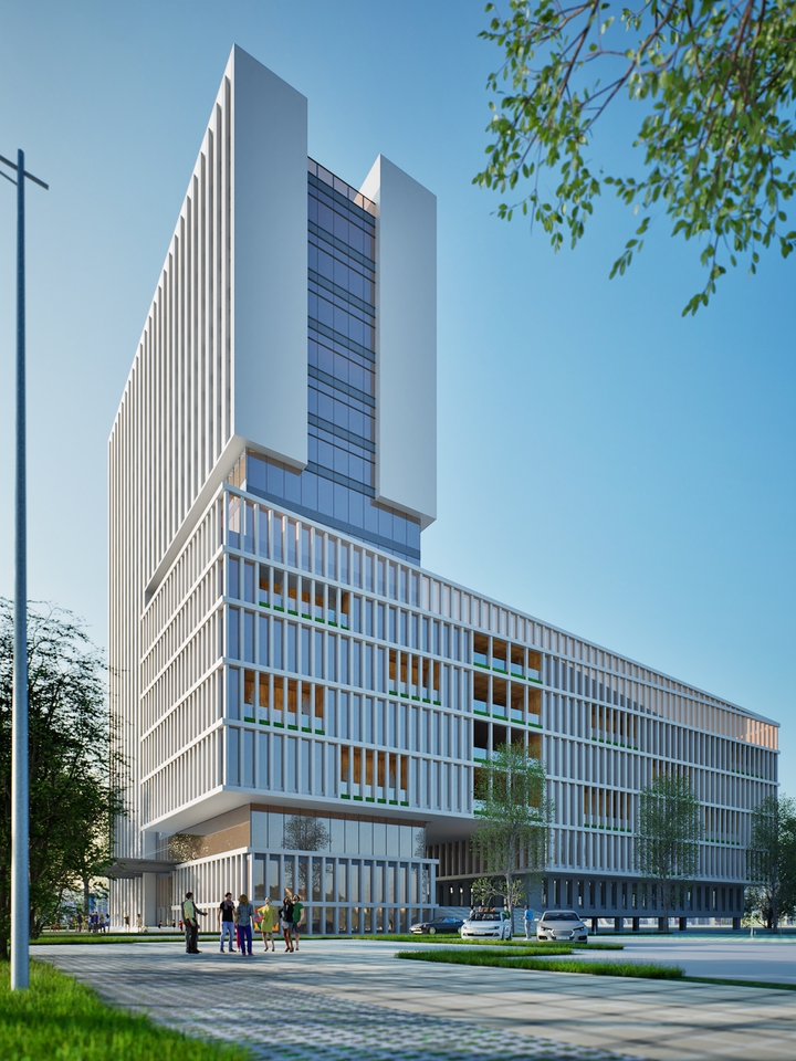 Sebuah gedung perkantoran modern yang diwujudkan melalui visualisasi 3D yang detail.