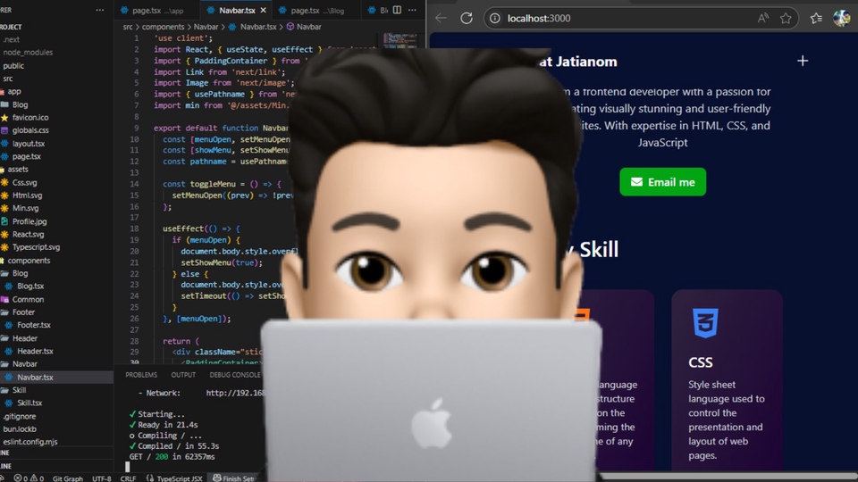 Ilustrasi developer web dengan tampilan kode Typescript di layar laptop.
