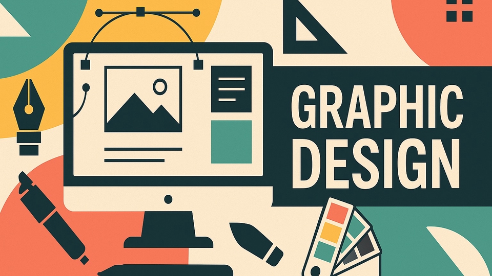 Desain modern bertema grafis dengan elemen digital dan warna cerah yang menarik.