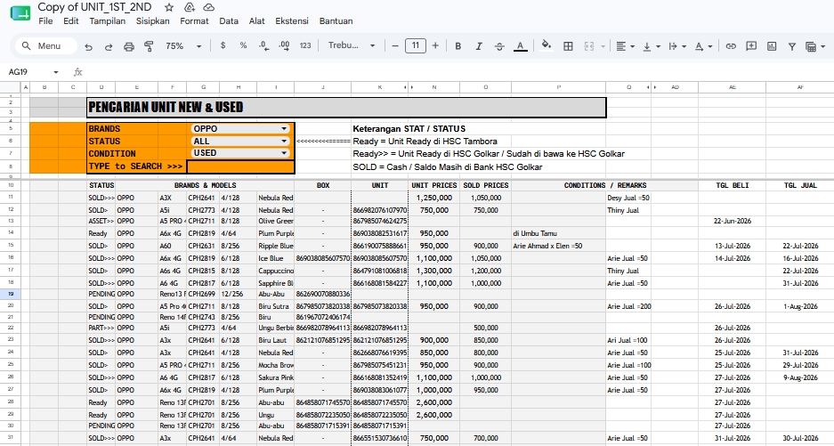 Data terstruktur dalam Excel dengan tabel, pencarian, status, harga, dan informasi transaksi.