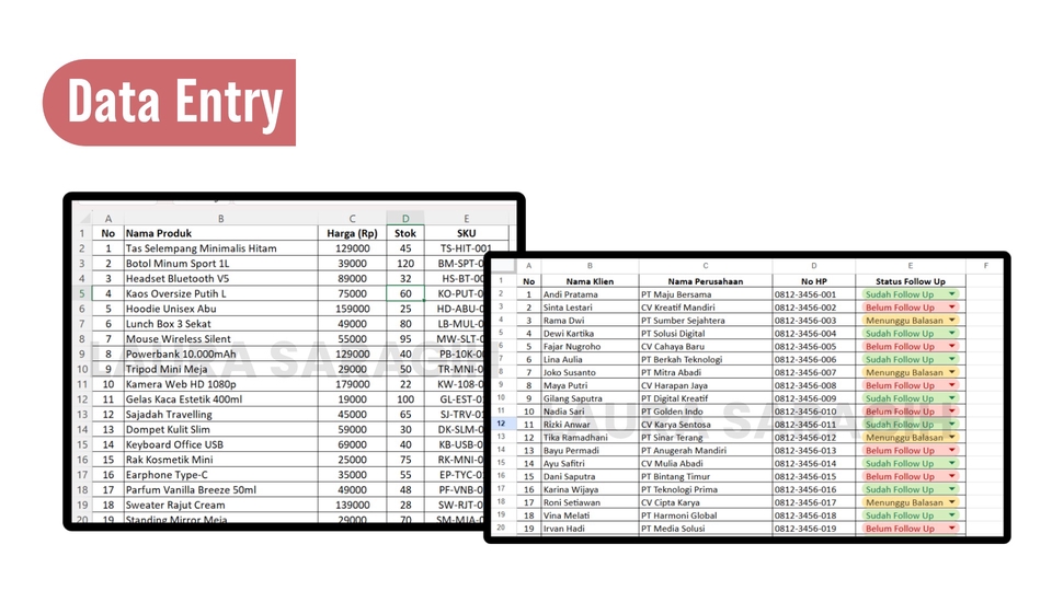 Contoh pekerjaan data entry menggunakan spreadsheet untuk pengolahan produk dan tracking follow-up.