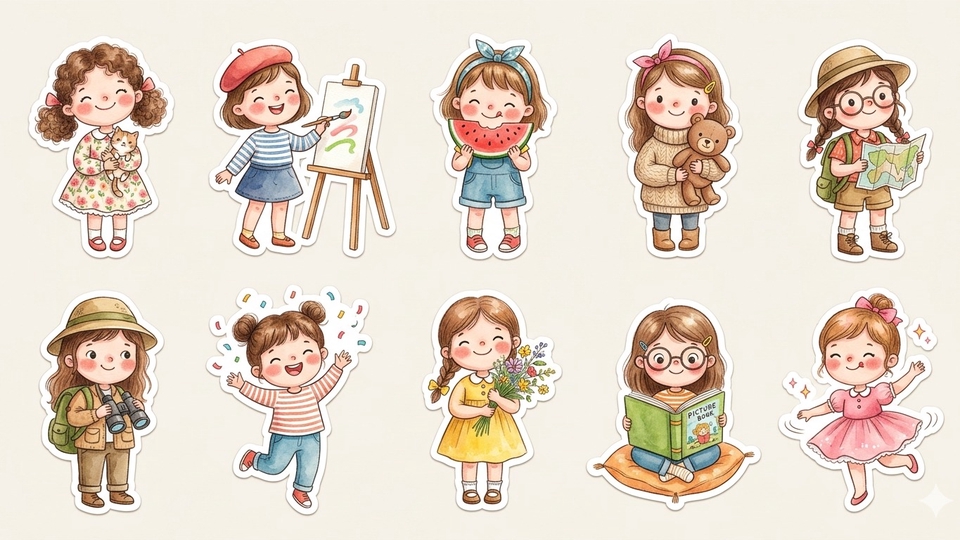 Halo! aku menawarkan jasa desain stiker digital dengan gaya ilustrasi yang lucu dan warna pastel