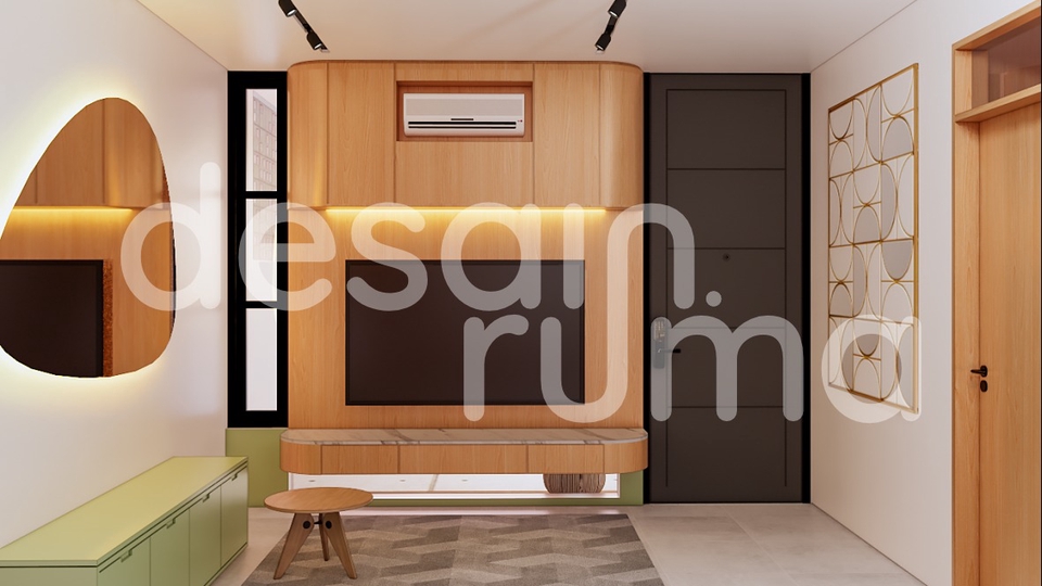 Ruang keluarga bergaya minimalis modern, nyaman dengan pencahayaan hangat.