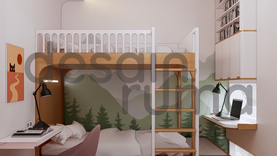 Desain kamar tidur anak ceria dan fungsional, dengan warna lembut dan pencahayaan natural