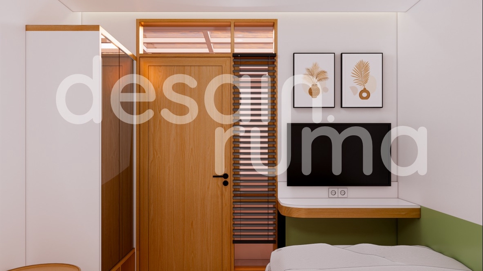 Kamar tidur dewasa bernuansa hangat dan tenang, dengan material kayu dan lighting lembut.