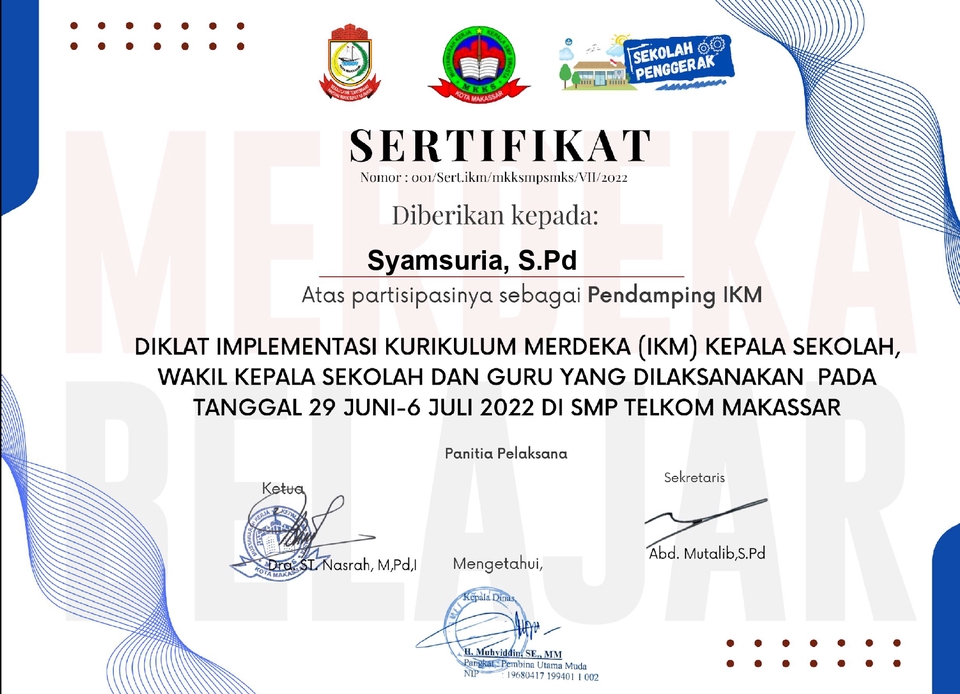 Pendamping sekaligus pembicara pada kegiatan Diklat IKM pada Tahun 2022 di SMP Telkom Makassar