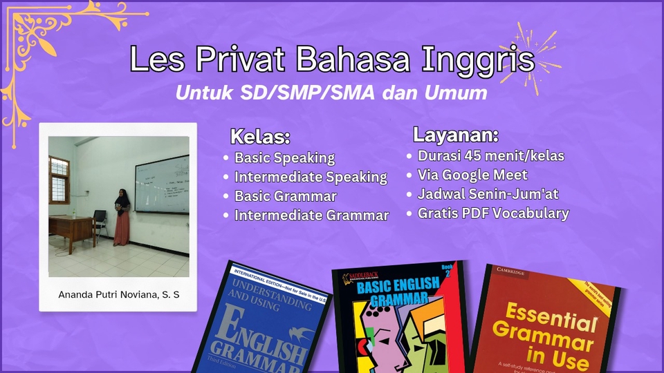 Les privat Bahasa Inggris (Basic & Intermediate) fokus pada Speaking & Grammar. Fleksibel & efektif.