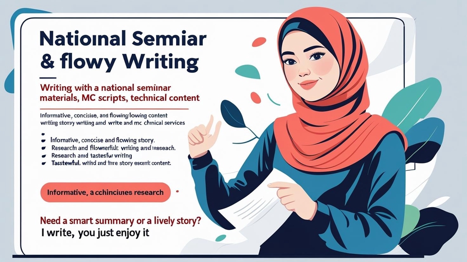penulis freelance dengan gaya profesional, menonjolkan keahlian dalam seminar dan penulisan.