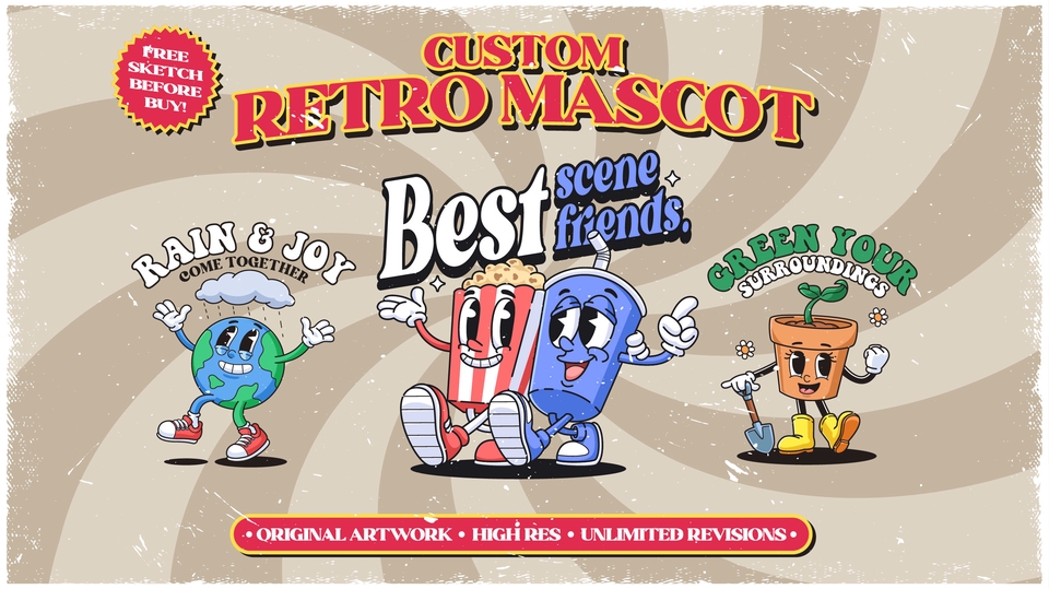 Jasa desain ilustrasi beragaya klasik vintage untuk maskot logo atau sejenisnya