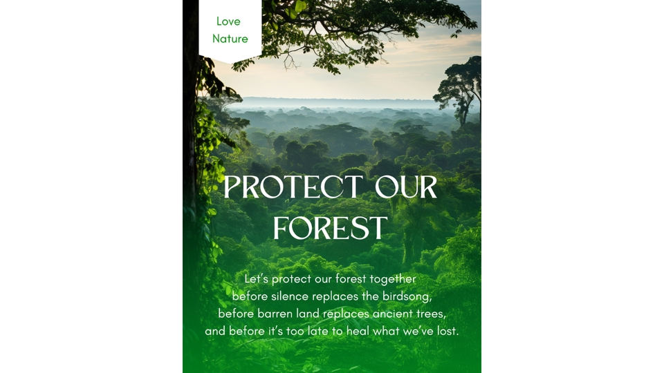 Poster kampanye lingkungan ‘Protect Our Forest’ — desain visual kuat & siap cetak untuk edukasi.