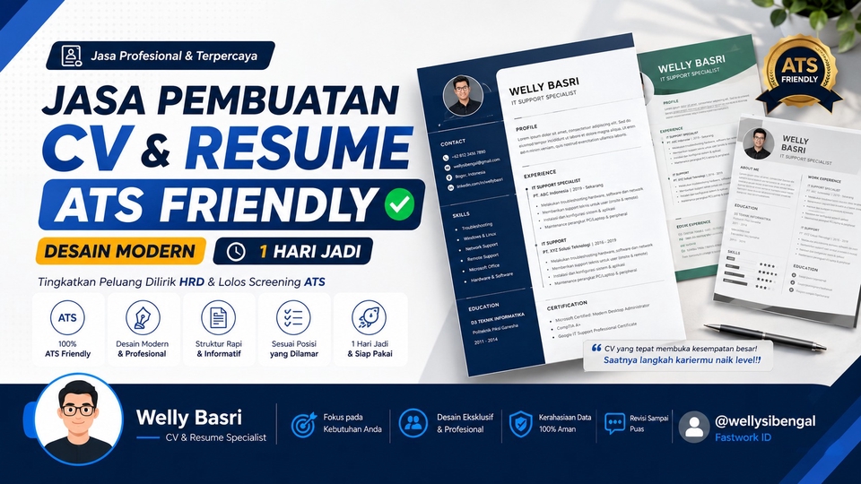 Jasa Pembuatan CV & Resume ATS Friendly - Desain Modern 1 Hari Jadi