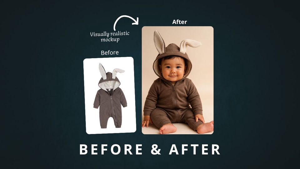 Transformasi desain kaos bayi menjadi mockup dengan model bayi mengenakan baju yang sudah didesain.