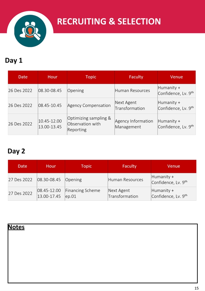 Jadwal Kegiatan, berisi tanggal, waktu, materi, pembawa materi dan ruangan.