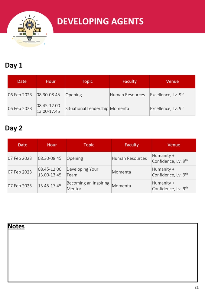Jadwal Kegiatan, berisi tanggal, waktu, materi, pembawa materi dan ruangan.