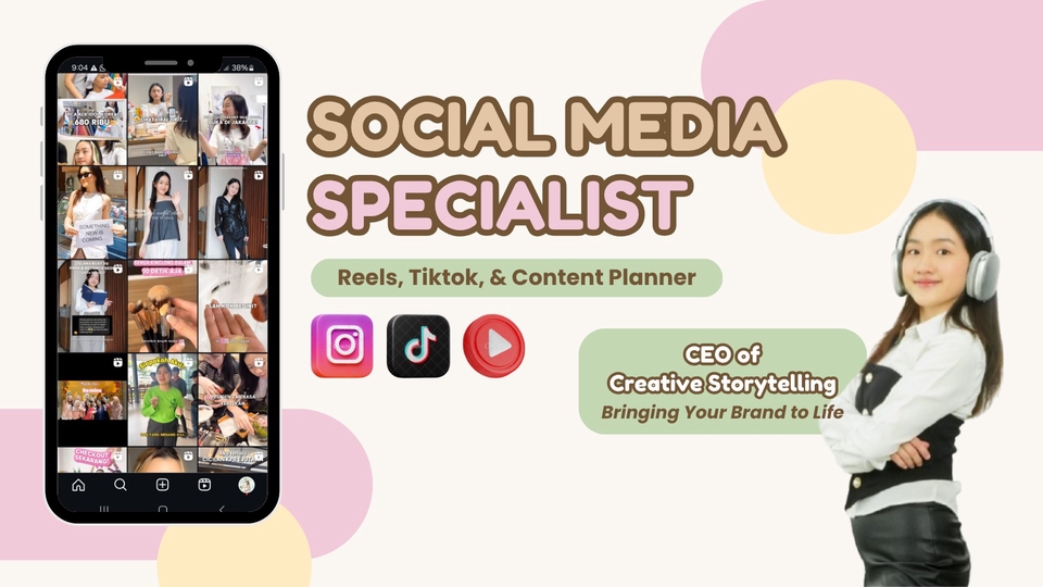 Jasa social media specialist untuk handle konten kreatif dan strategi reels, tiktok akun sosmed